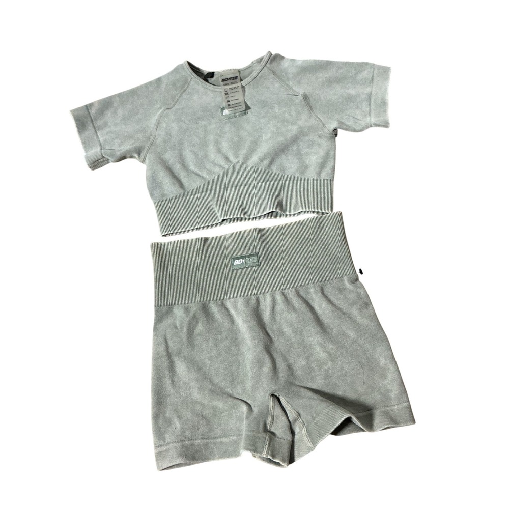 Bo+Tee Acid Wash Seamless Workout Set Womens XXS Green Ribbed Crop Top Shorts